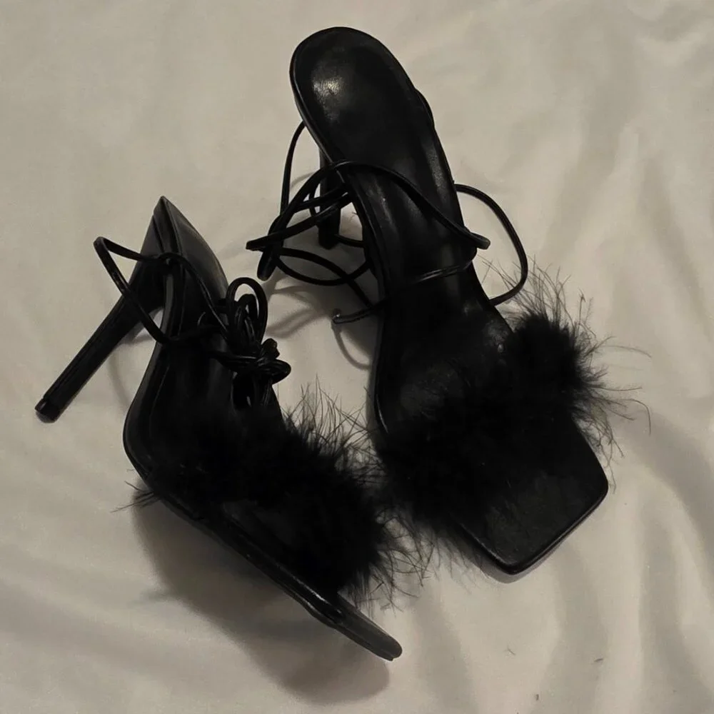 Lace Up Strappy Feather Trim Shoes Stiletto Heels US Size 8 Shoe Sz 38.5 Sexy